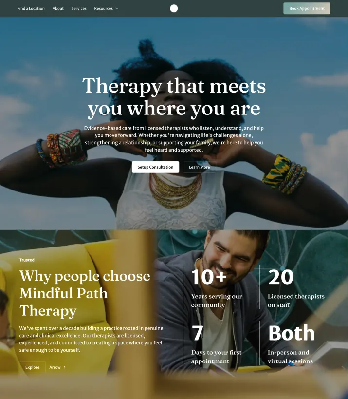 Therapy practice website example with the headline “Therapy that meets you where you are”