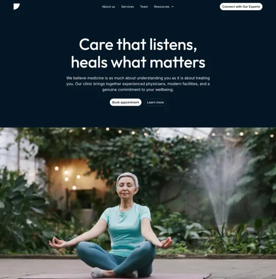 Wellness clinic website example: a woman meditating in a garden