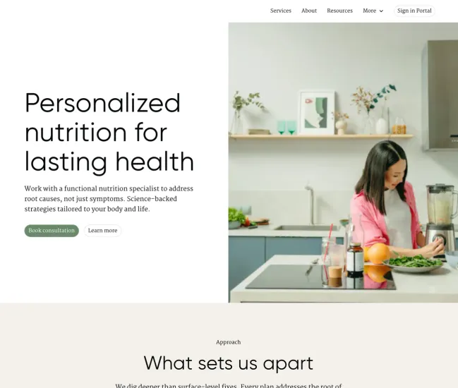 Nutrition practice website example: a woman preparing food in a bright kitchen