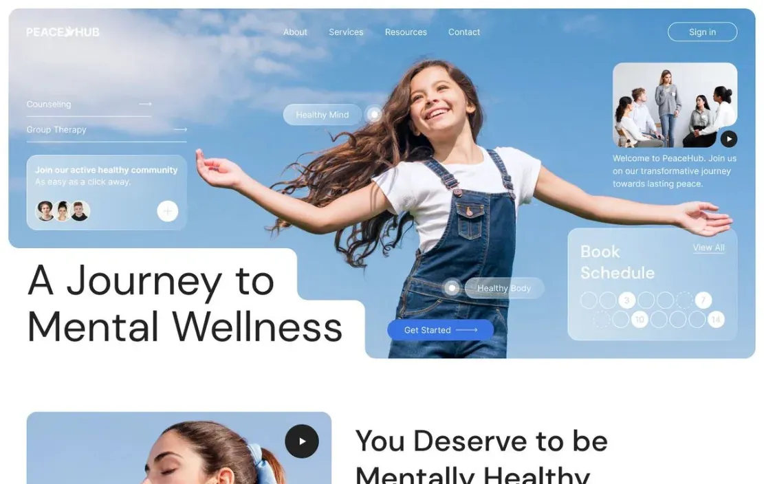 Example clinic website homepage: a smiling girl with open arms under a blue sky and the headline “A Journey to Mental Wellness”